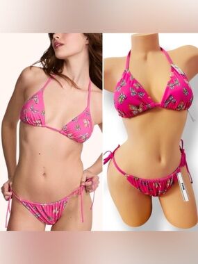 PINK Victorias Secret Swim Triangle String Top & Side-Tie Cheeky Bikini Bottom M